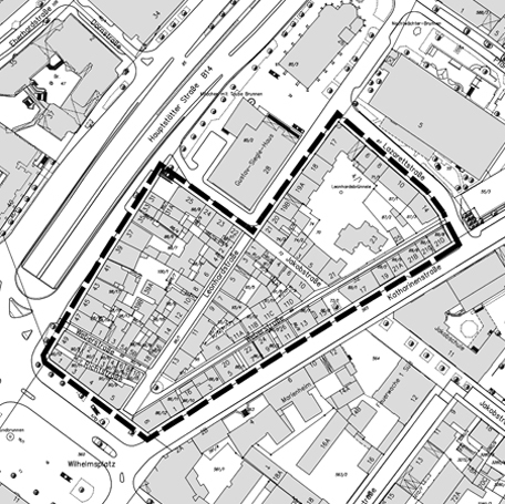 Der Lageplan zum Aufstellungsbeschluss zeigt das von der gestrichelten Linie umgebene Gebiet des Leonhardsviertels. Grafik: Stadtmessungsamt/Stadt Stuttgart