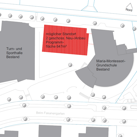 Die Grafik zeigt die mögliche Lage enies Neubaus an der Maria-Montessori-Schule. Grafik: Stadt Stuttgart