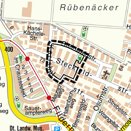 Der Kartenausschnitt zeigt den Lageplan des Gebiets Steckfeld. Grafik: Stadtmessungsamt