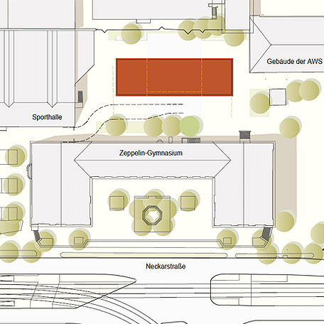 Der Lageplan zeigt den Entwurf der Mensa und der Erweiterung des Zeppelin-Gymnasiums. Grafik: D'Inka Scheible Hoffmann Architekten BDA
