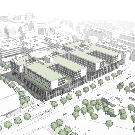 Blick von oben auf den Neubau des Klinikums an der Kriegsbergstraße. Grafik: Arcass Planungsgesellschaft mbH