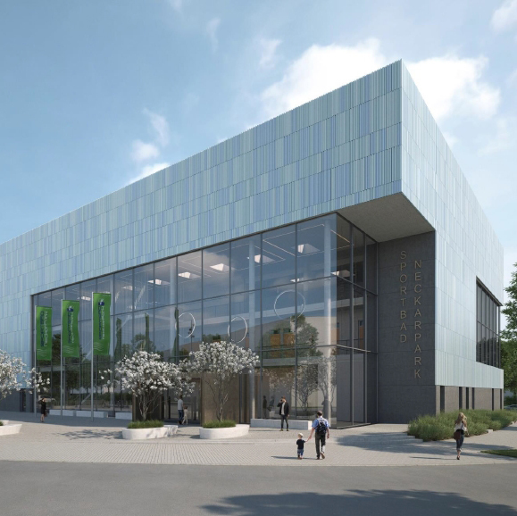 Im NeckarPark in Stuttgart entsteht ein wettkampffähiges Sporthallenbad. Entwurf der ARGE Sportbad NeckarPark © vizlab, Kassel