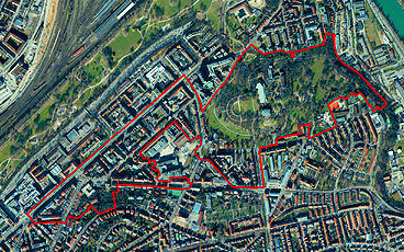 Innerhalb der roten Markierung befindet sich das Sanierungsgebiet Stuttgart 29 -Teilbereich Stöckach-. Foto: Stadtmessungsamt/Stadt Stuttgart
