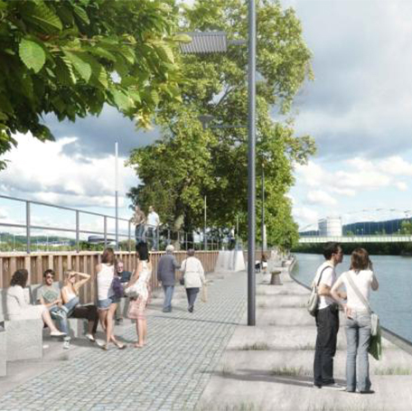 An Wasenufer und Wasenquerung soll ein urbanes Flussufer mit Aufenthaltsqualität entstehen. Visualisierung: Blank Landschaftsarchitektur, Stuttgart/Werkgruppe Grün, Stuttgart