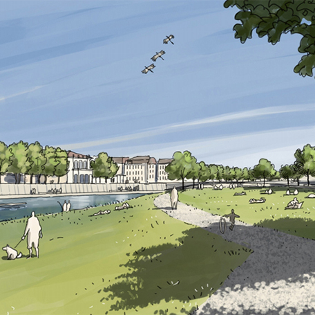 Das Neckarknie bildet eine zentrale Stelle im Freiraumsystem der Stadt. Hier trifft das „Grüne U“ den Neckar. Grafik: Büro Grünewelle Landschaftsarchitektur Johannes Jörg aus Grünkraut in Arbeitsgemeinschaft mit silands/Gresz + Kaiser Landschaftsarchitekten PartG