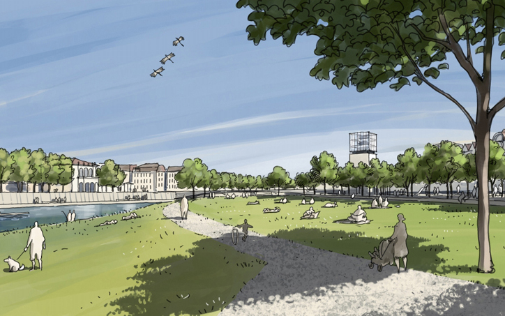 Am Neckarknie trifft das „Grüne U“ der Stadt auf den Neckar. Grafik: Büro Grünewelle Landschaftsarchitektur