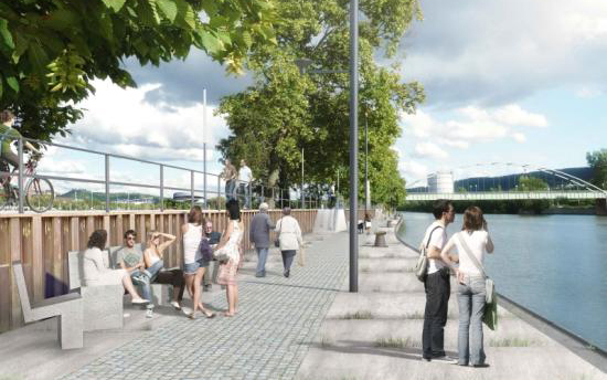 So könnte das Flanieren am Neckar einmal aussehen. Visualisierung: Blank Landschaftsarchitektur, Stuttgart/Werkgruppe Grün, Stuttgart