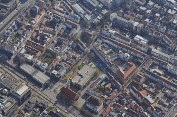 Blick auf das Bohnen- und Leonhardsviertel aus der Luft. Am unteren Rand ist die Hauptstätter Straße zu erkennen. Foto: Stadt Stuttgart