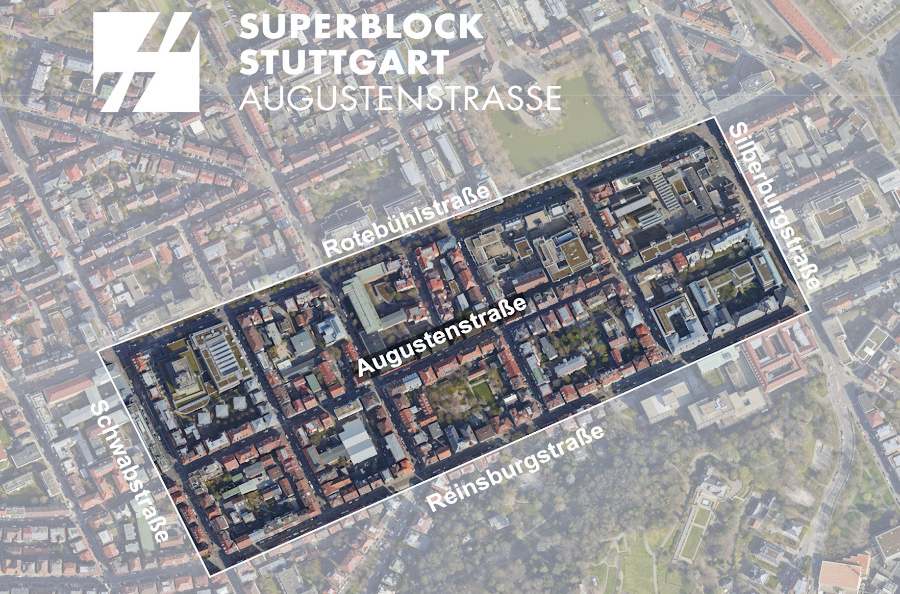 Das Luftbild zeigt den Bereich, in dem der Verkehrsversuch durchgeführt werden soll. Das Gebiet ist mit einer weißen Linie eingerahmt. Grafik: Stadt Stuttgart