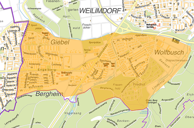 Im Stadtplan ist das betroffene Gebiet gelb markiert hervorgehoben. Grafik: Stadt Stuttgart