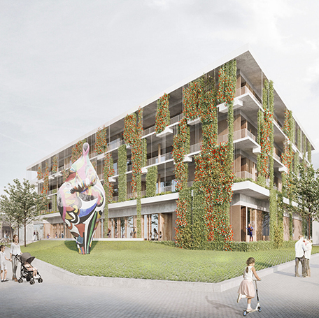 Die Ansicht Nord zeigt das Bildungshaus vom Marga-von-Etzdorf-Platz aus. Visualisierung: Glück + Partner