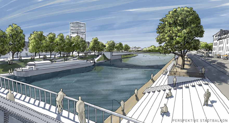 Der Siegerentwurf sieht vor, am Flussufer der Neckarvorstadt Treppen zum Verweilen und auf der gegenüberliegenden Seite Grünflächen am Neckarknie zu schaffen. Grafik: Büro Grünewelle Landschaftsarchitektur Johannes Jörg aus Grünkraut in Arbeitsgemeinschaft mit silands/Gresz + Kaiser Landschaftsarchitekten PartG