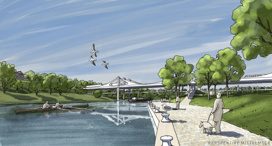 Nach der Neugestaltung bietet das Flussufer künftig großzügige Frei- und Aufenthaltsräume. Grafik: Büro Grünewelle Landschaftsarchitektur Johannes Jörg aus Grünkraut in Arbeitsgemeinschaft mit silands/Gresz + Kaiser Landschaftsarchitekten PartG