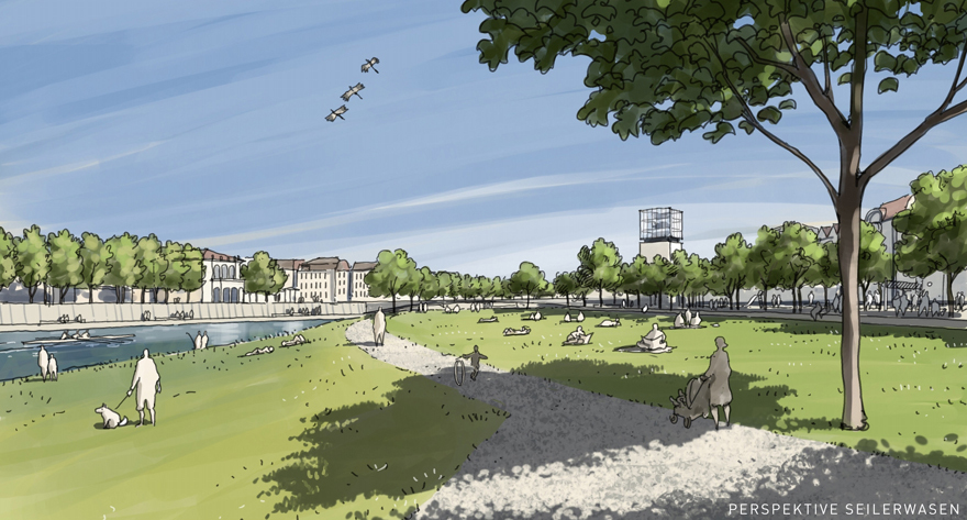 Der Siegerentwurf zeigt das "Neckarknie" aus der Perspektive Seilerwasen. Grafik: Büro Grünewelle Landschaftsarchitektur Johannes Jörg aus Grünkraut in Arbeitsgemeinschaft mit silands/Gresz + Kaiser Landschaftsarchitekten PartG