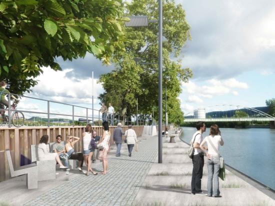 So könnte das Flanieren am Neckar einmal aussehen. Visualisierung: Blank Landschaftsarchitektur, Stuttgart/Werkgruppe Grün, Stuttgart