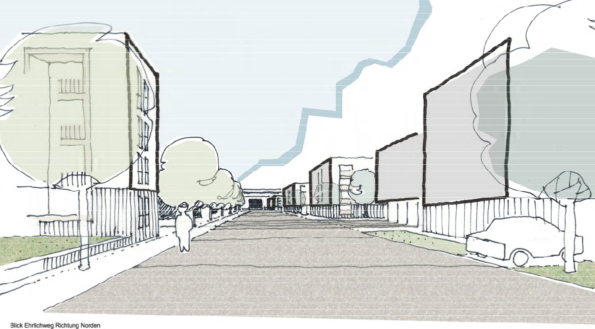 Blick vom Ehrlichweg Richtung Norden. Grafik: Büro Schwarz.Jakoby