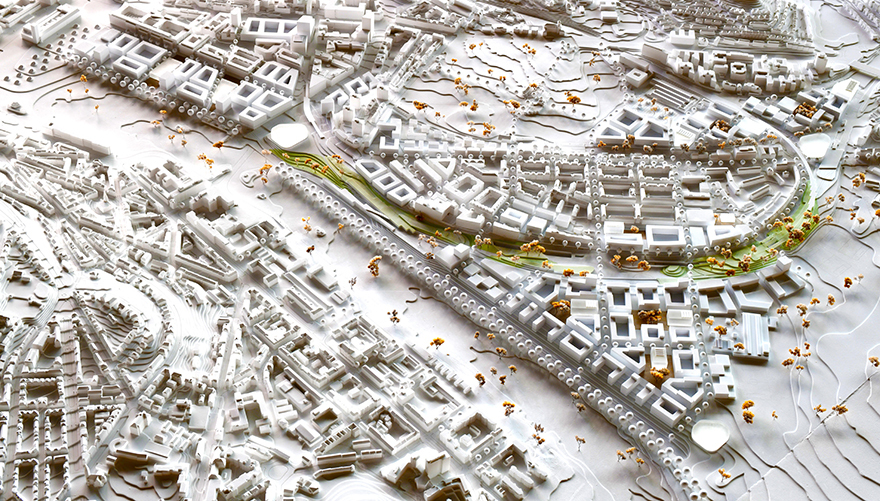 Dem Preisgericht gefiel am Entwurf von asp Architekten und Koeber Landschaftsarchitektur unter anderem der Gleisbogenpark, der sich als grünes Band durch den gesamten Entwurf zieht, und mit einem zentralen Radweg, Bewegungsflächen ­sowie sozialen und kulturellen Einrichtungen das gesamte Areal verbindet. Er führt bis zur geplanten Konzerthalle an der Wolframstraße (links oben beim Europaviertel) und integriert das Überwerfungsbauwerk, das mit kulturellen Nutzungen belebt werden soll. Foto: FotoFuchs/Stadt Stuttgart