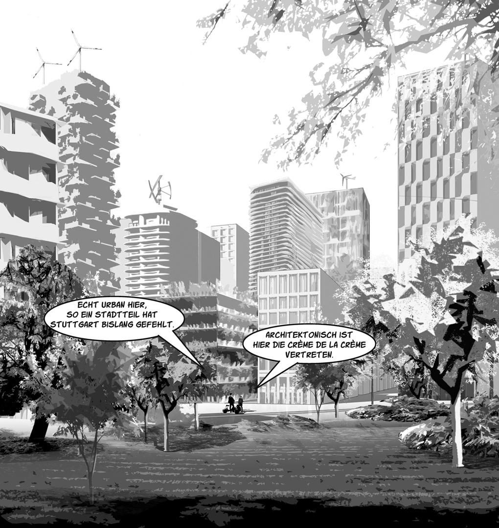 In der Darstellung zeigt sich, wie sich die Planungsbüros das Stuttgarter "Uptown"-Quartier mit seinen Hochhäusern vorstellen. Foto: Laux Architekten/Terra Nova Landschaftsarchitektur