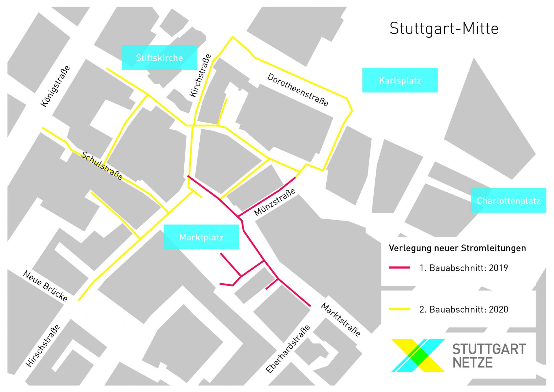Die Karte zeigt, wo die Arbeiten ab 13. Januar 2020 fortgesetzt werden. Grafik: Stuttgart Netze