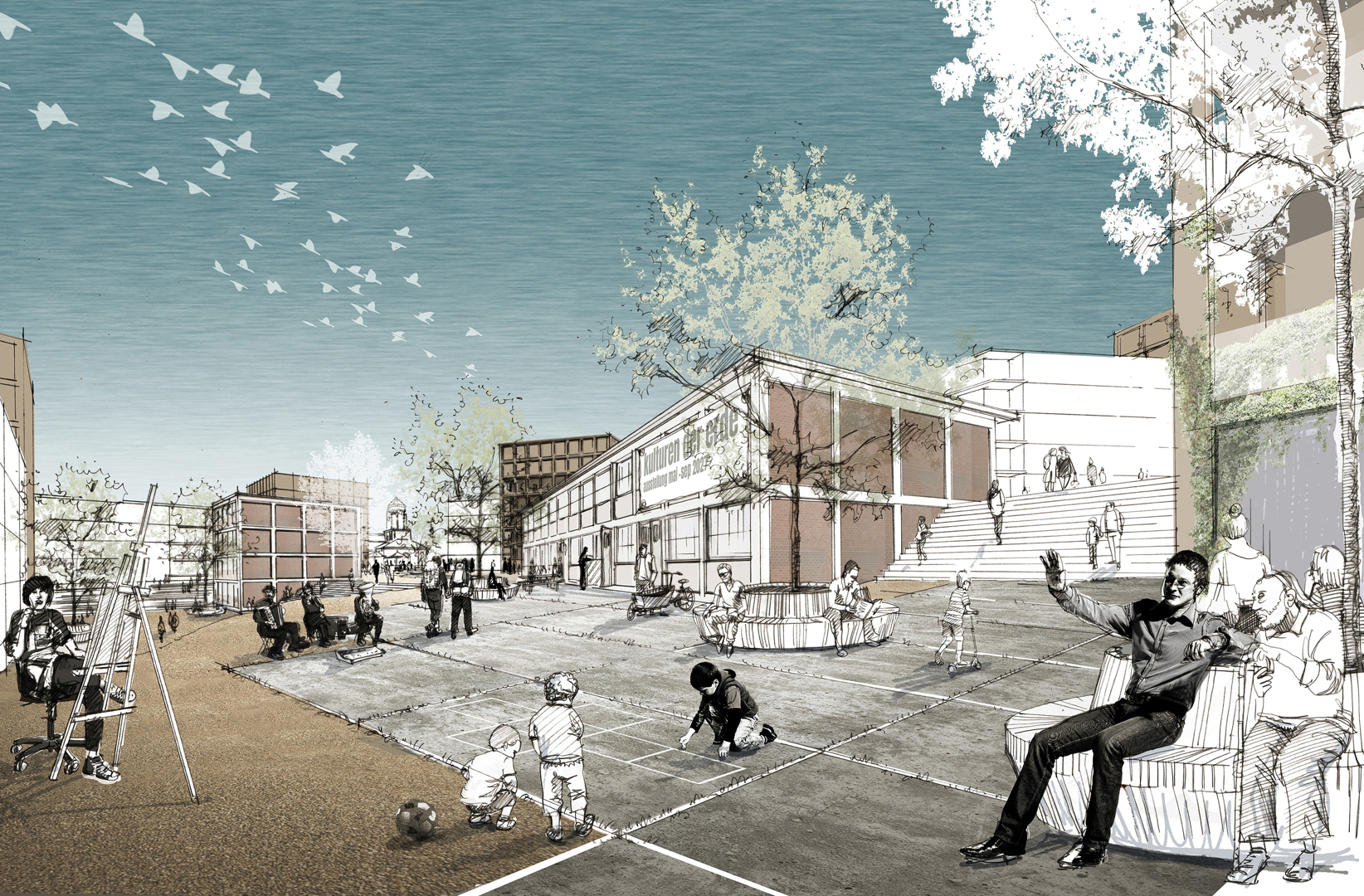 Der Siegerentwurf schafft mehrere Erschließungsachsen mit dem gesamten Stadtteil sowie einen großen öffentlichen Platz in der Mitte des Quartiers. Hannes Hörr Landschaftsarchitektur, Quang Huy Le, Tong and Partners Ltd.; Visualisierung: landstrich.eu (Gero Engeser)