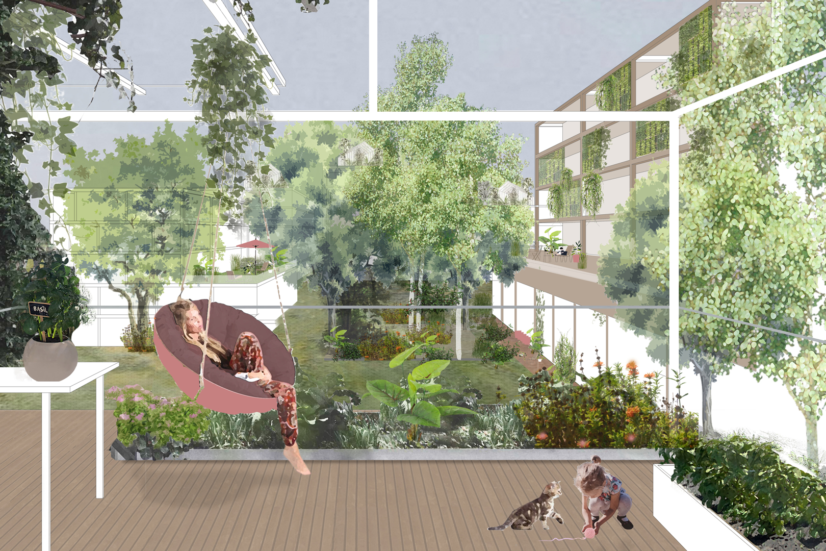 Die Wohnhöfe im neuen Wohnviertel prägen Fassadenbegrünungen. Grafik: asp Architekten GmbH