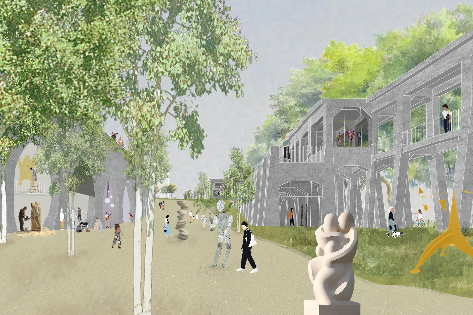 Alte Bahnbauwerke wie das Überwerfungsbauwerk sollen im neuen Quartier erhalten bleiben und einer neuen öffentlichen Nutzung zugeführt werden. Grafik: asp Architekten GmbH