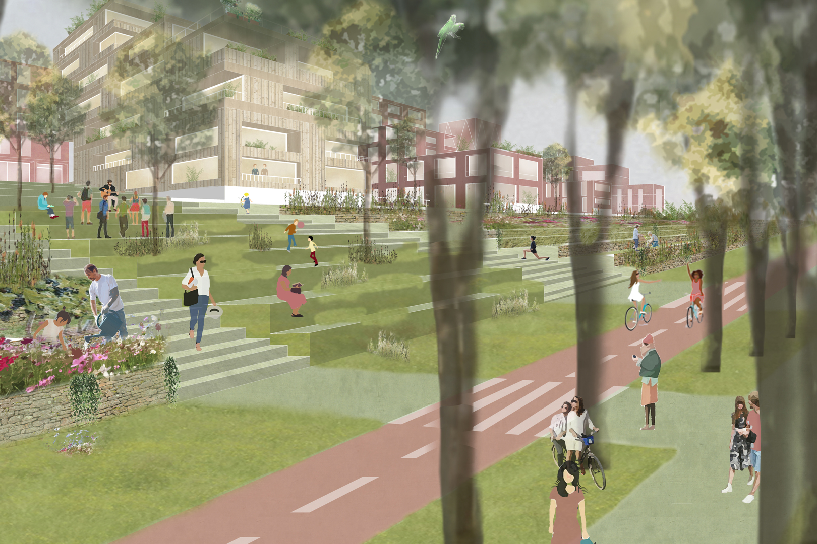 Um das Gef&auml;lle zu &uuml;berwinden soll das neue Rosensteinviertel &uuml;ber Treppen und Stufen mit dem Schlossgarten verbunden werden. Grafik: asp Architekten GmbH