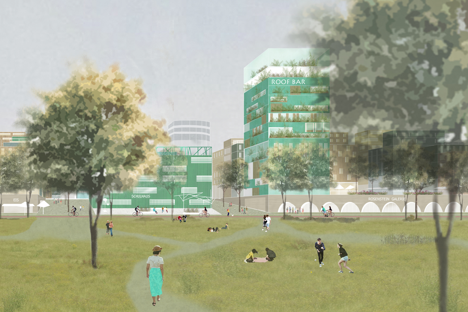 Begrünte Fassaden und Dächer im zukünftigen Europaquartier vermindern die Wärmebelastung. Grafik: asp Architekten GmbH