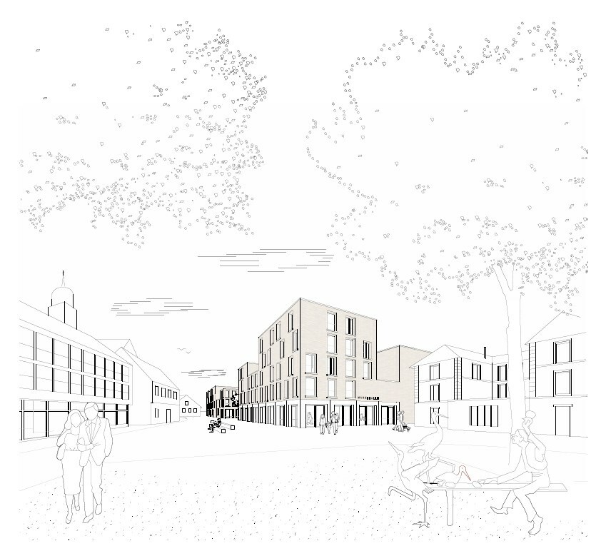 Die Grafik zeigt das Postareal nach der Idee des Büros Harris und Kurrle aus der Perspektive des Leonhard-Schmidt-Platz. Grafik: Brüo Harris und Kurrle