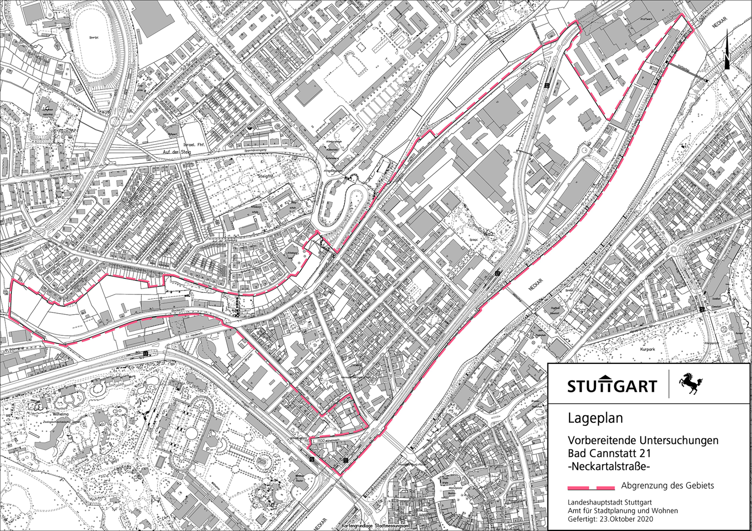 Lageplan des Gebiets: Eingezeichnet sind die Grenzen des Bereichs für die vorbereitenden Untersuchungen. Grafik: Stadt Stuttgart