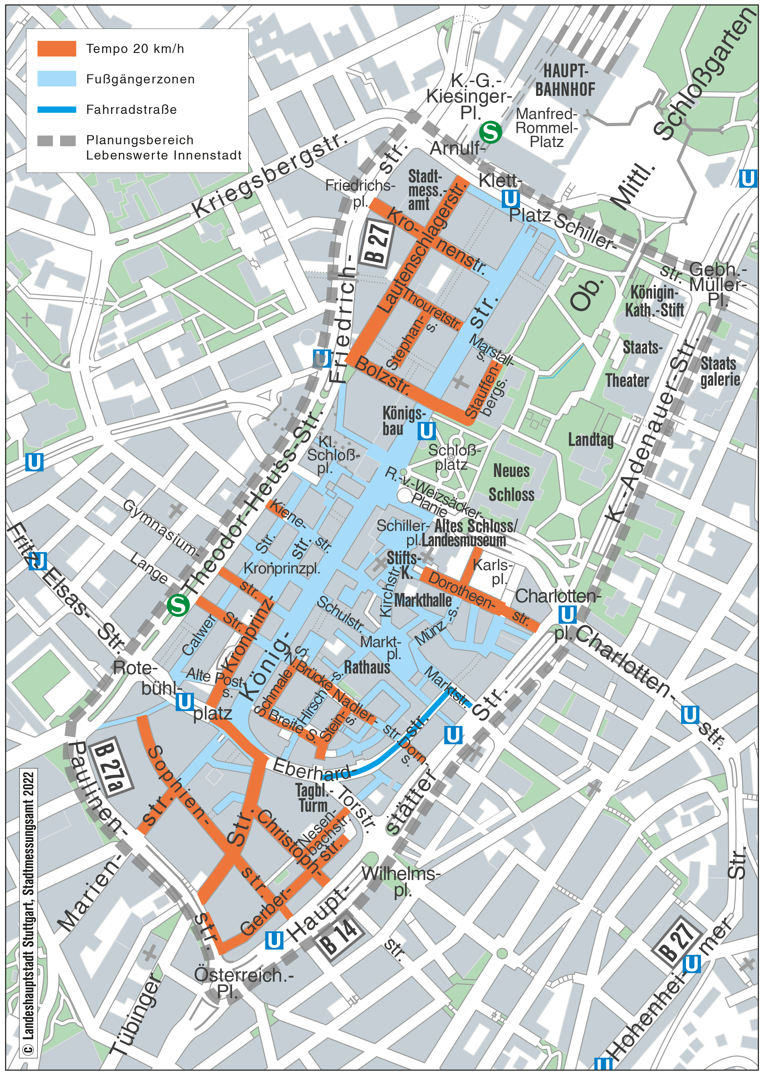 EIn Stadtplan zeigt die Stuttgarter Innenstadt innerhalb des City-Rings. Blau markierte Straßen sind Fußgängerzonen. In den orange markierten Straßen wird Tempo 20 eingeführt. Grafik: Stadt Stuttgart