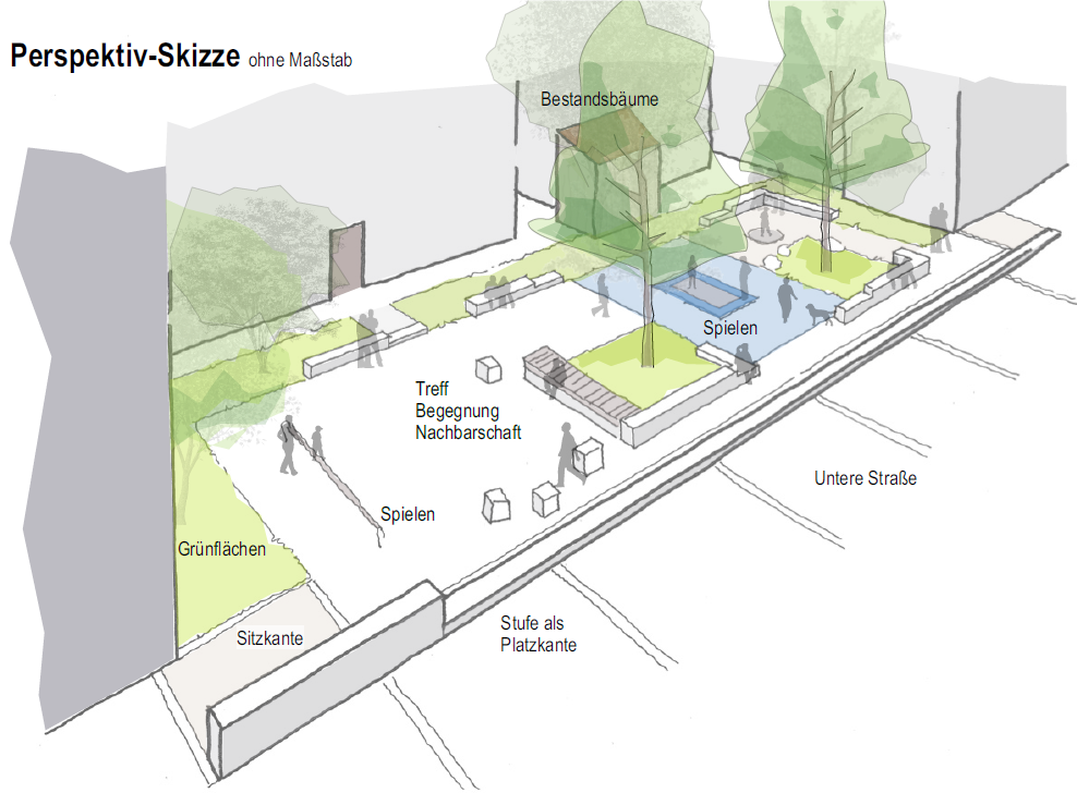 Die Planzeichnung stellt den Entwurf für die Überarbeitung der Freifläche an der Unteren Straße  dar.