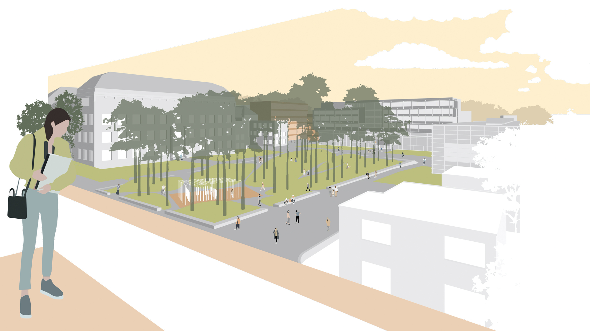 Blick vor der Dachterrasse des Besucherzentrums auf den "Weissenhof-Hain". Entwurf: Bottega + Ehrhardt Architekten, Stuttgart, mit Koeber Landschaftsarchitektur, Stuttgart, und Ute Meyer Stadtplanung