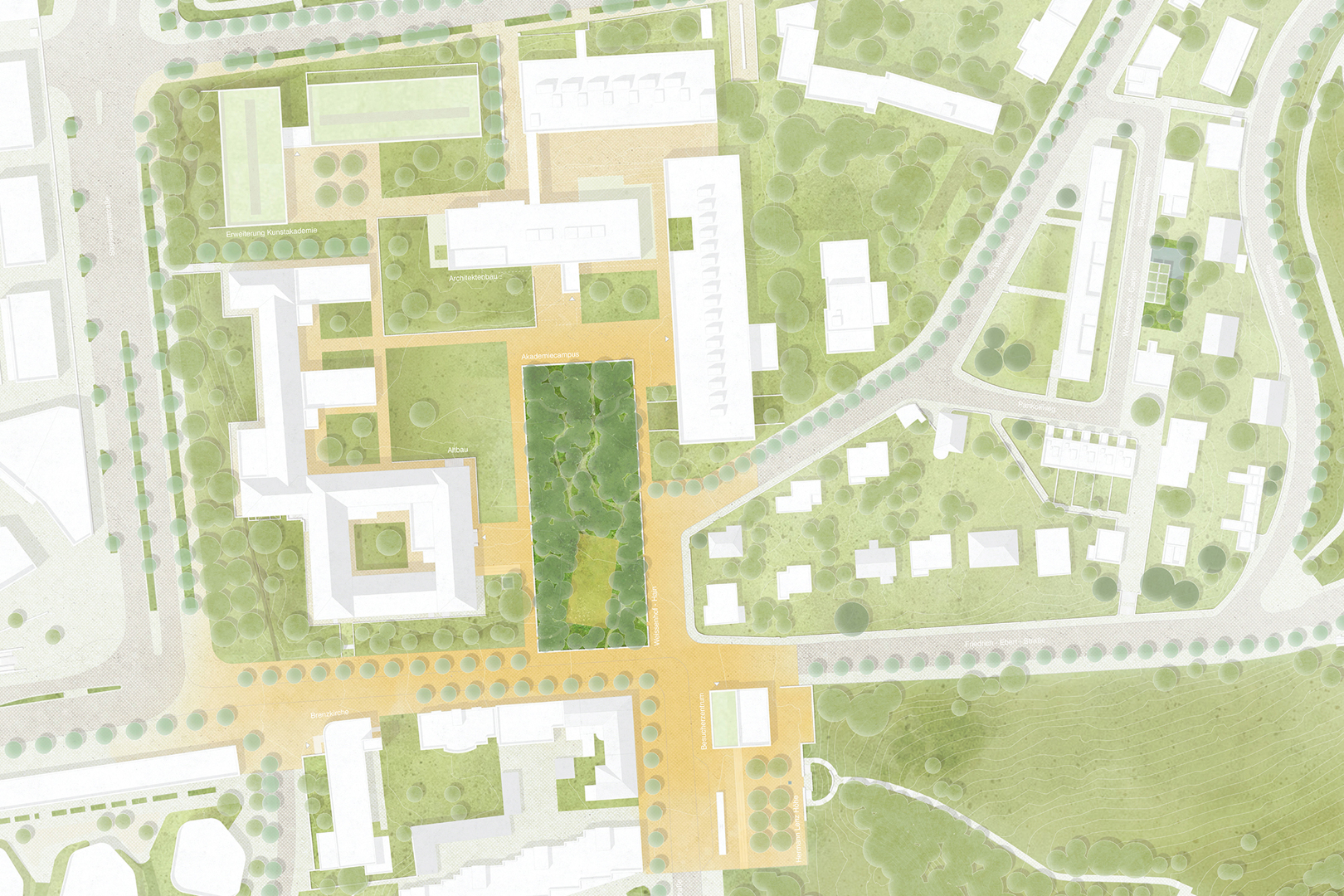 Sicht auf den Entwurf von oben. Entwurf: Bottega + Ehrhardt Architekten, Stuttgart, mit Koeber Landschaftsarchitektur, Stuttgart, und Ute Meyer Stadtplanung