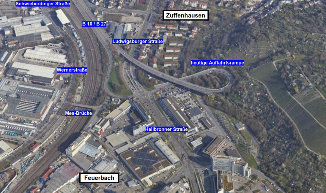 BildbeschreibungDas Luftbild zeigt die Auffahrrampe Friedrichswahl, sowie den Kreuzungsbereich. Es sind auch Bahngleise und Wohngebiete, sowie Weinberge zu erkennen.