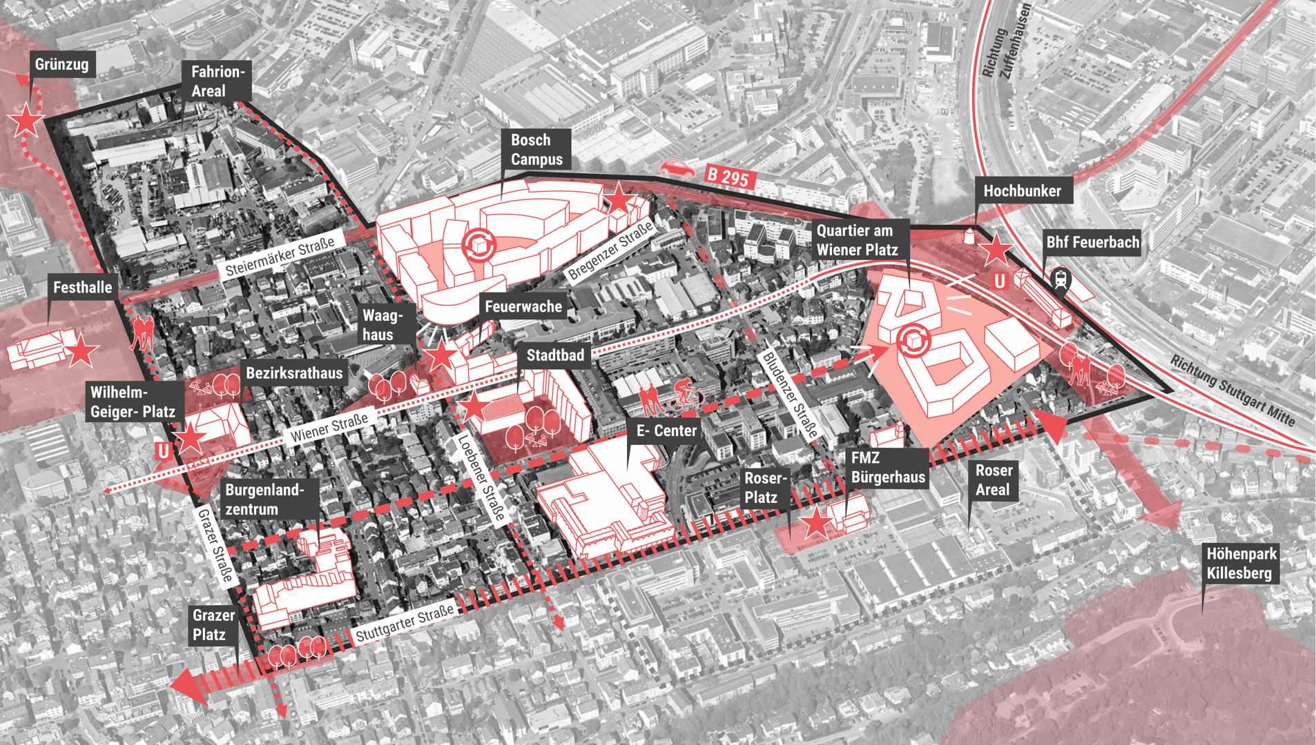 Das Schrägluftbild zeigt den Bereich in Feuerbach zu dem ein Rahmenplan erstellt werden soll. Die Umgebung außerhalb der Fläche ist ausgegraut. Grafik: Stadt Stuttgart