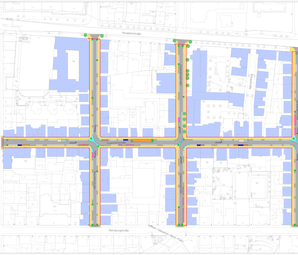 Die Grafik zeigt den ersten Teil des angedachten Möblierungskonzepts im Straßenraum. Grafik: Stadt Stuttgart