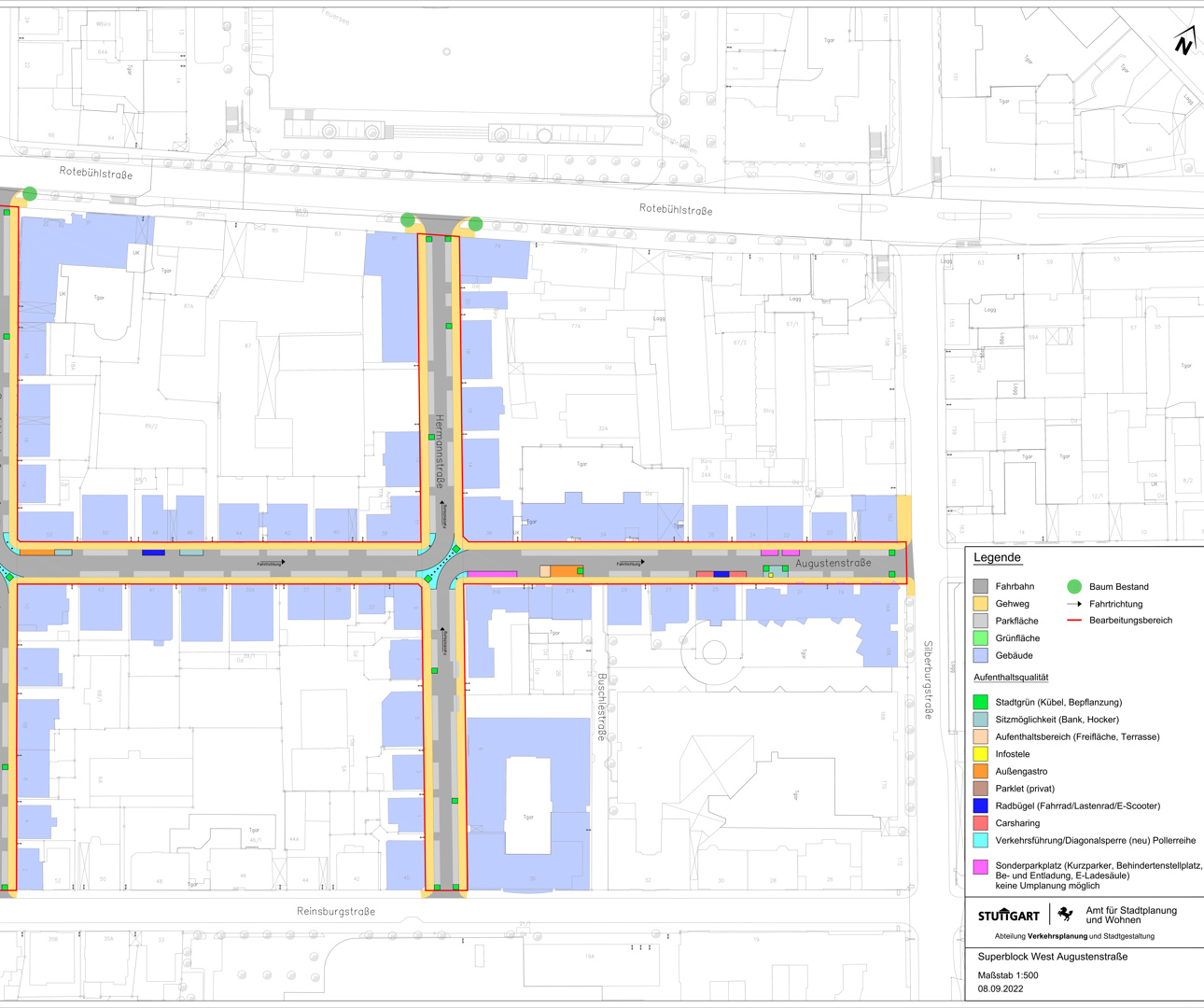 Die Grafik zeigt den zweiten Teil eines detaillierten Stadtplans von oben, in dem in den Straßen kleine, farbige Elemente platziert wurden. Grafik: Stadt Stuttgart