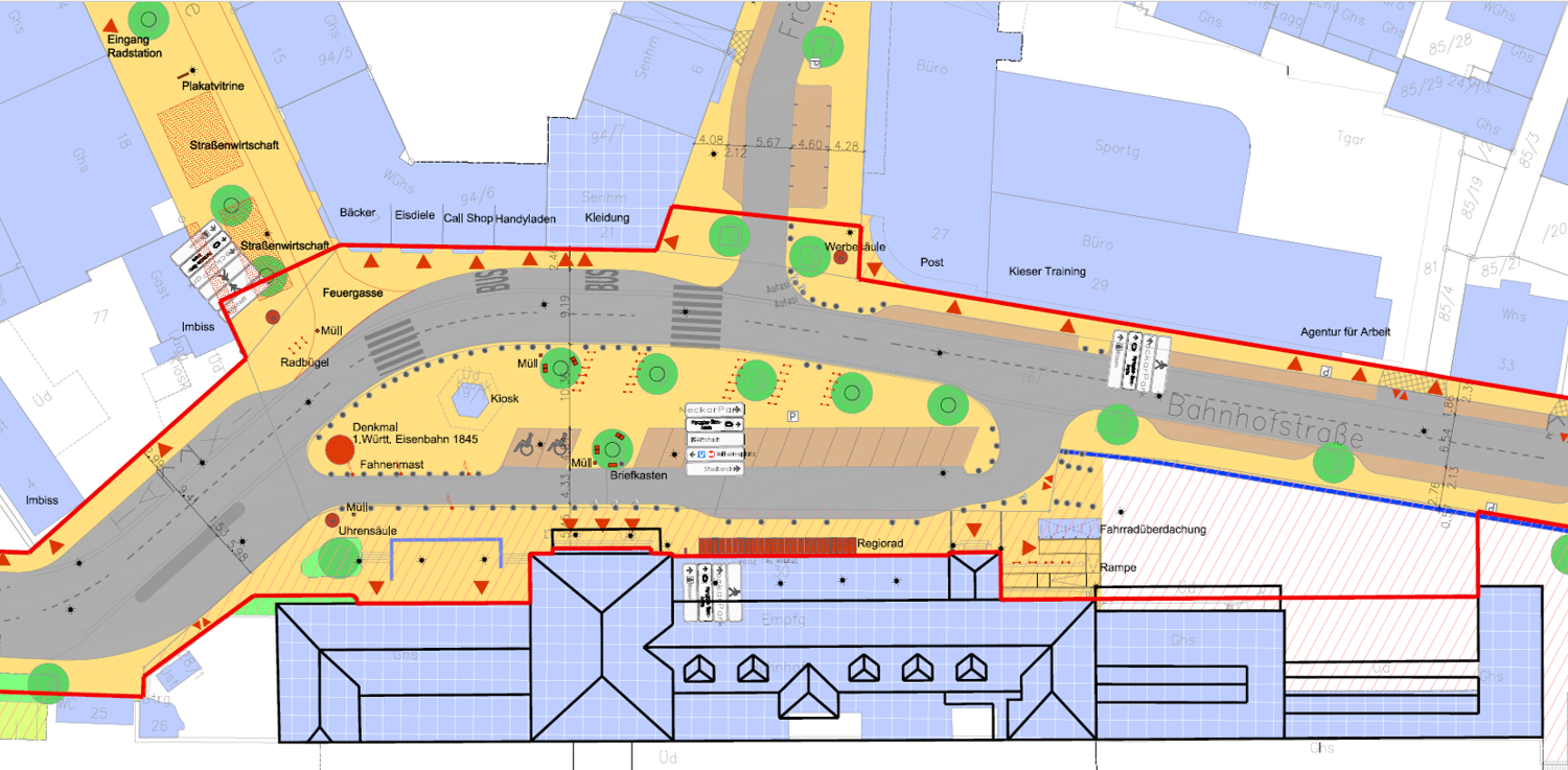 Dieser Plan zeigt die derzeitge Situation auf dem Bahnhofsplatz und die bestehenden Wegebeziehungen. Grafik: Stadt Stuttgart