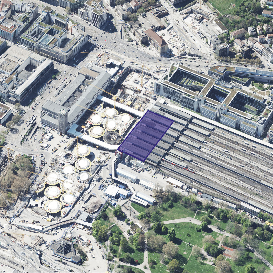 Das Areal A3 grenzt direkt an die Lichtaugen des entstehenden Bahnhofs an. Foto: Stadtmessungsamt/Stadt Stuttgart.