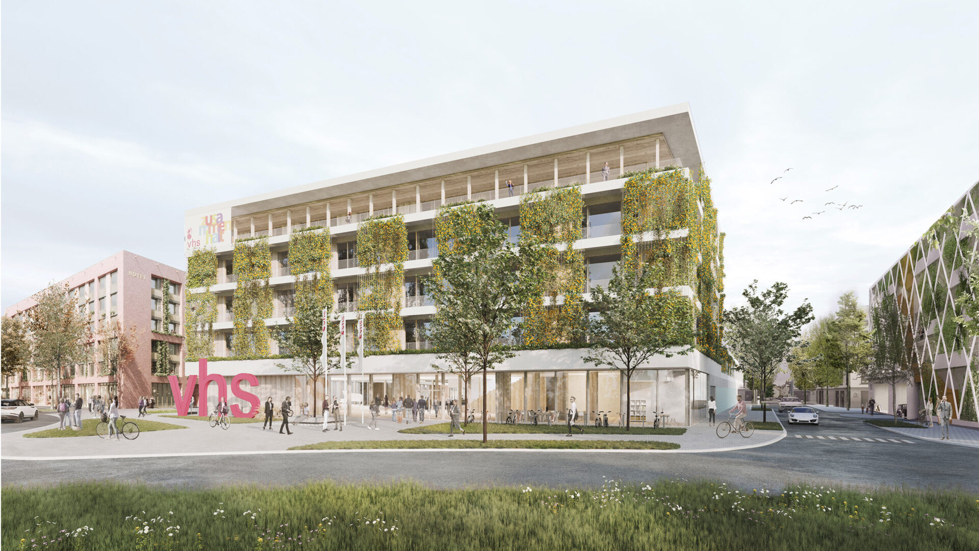 Die Ansicht Süd zeigt die Volkshochschule von der Benzstraße aus. Visualisierung: Glück + Partner