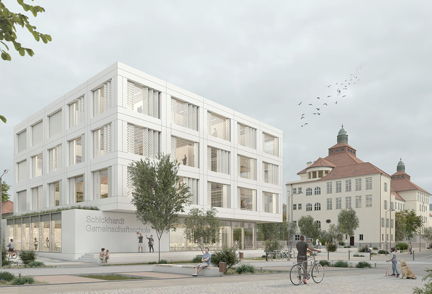 Das Bild zeigt den Siegerentwurf für die Erweiterung der Schickhardt‐Gemeinschaftsschule des Büros s CODE UNIQUE Architekten GmbH mit RSP Freiraum aus Dresden.